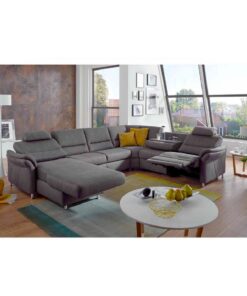 П - образен диван с функция сън, електрическа лежанка, една седалка с електрически релакс механизъм, медия релакс модула с масичкa и Премиум подглавници - ZE-EM 2395