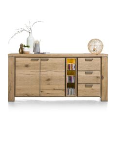 Сайдборд с 2 плътни вратички, 3 чекмеджета и отворена част с 3 отделения с вградено LED - осветление - Canova 39586 RWB / 225 cm