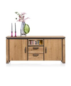 Шкаф / скрин / сайдборд с 2 врати, 2 чекмеджета и отворена част с вградено LED осветление - Farmland 39607 RWB / 180 cm