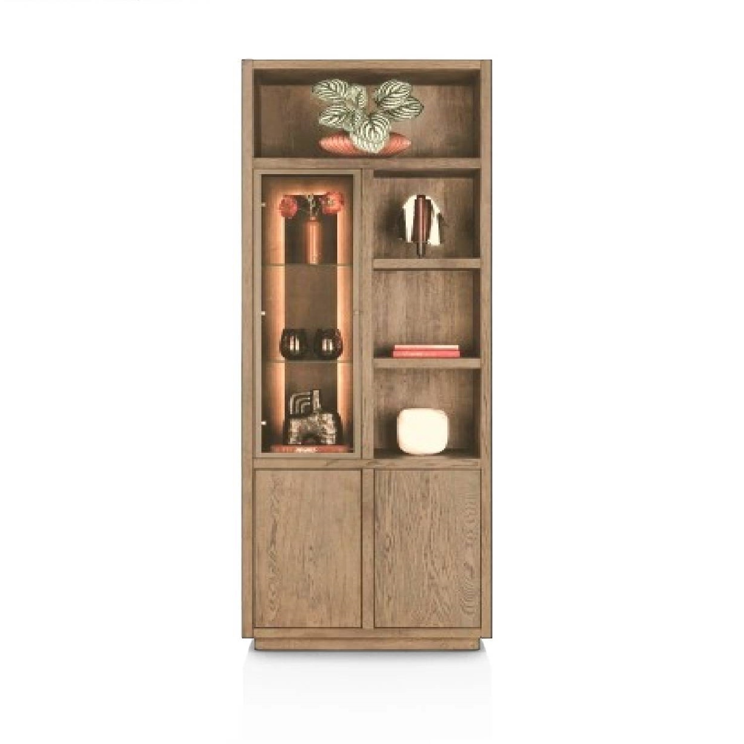 Висок шкаф с 1 стъклена вратичка, 2 плътни вратички и 4 ниши с вградено LED - осветление - Gijon 54511 DUN / h. 215 cm