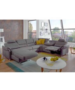 П - образен диван с електрическа лежанка, една седалка с електрически релакс механизъм, медия релакс модул с масичкa, Премиум подглавници и ракла-чекмедже - ZE-EM 3054